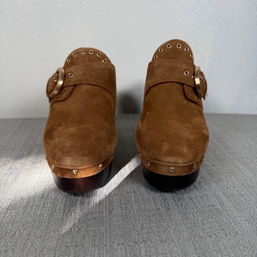 Madewell The Wes Buckle-Strap Clog Brown Suede Gold Studded Heels Platform 7 - Picture 5 of 16